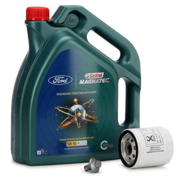 Set Ulei Motor Castrol Magnatec Ford 5W-30 A5 5L 15D5E8 + Filtru Ulei Motor Oe Ford 2468342 + Surub Golire Baie Ulei Oe Ford 2261879